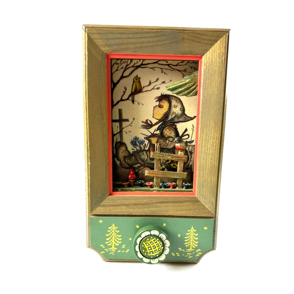 VTG Anri Thorens Music Box Wind Up Diorama Shadow Box Girl, Bird And Mushrooms
